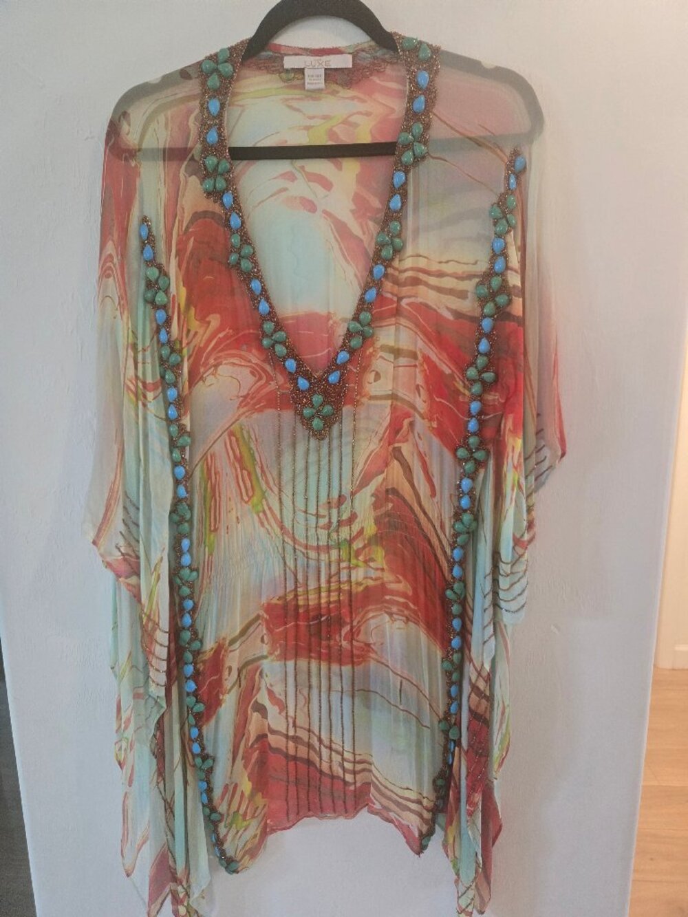 Beautiful Kaftan style multi-color sheer top adorned w/ green & blue stone